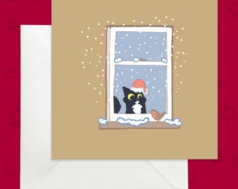 Tuxedo Cat Christmas Card, Robin Snow Scene