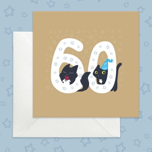 Carte des 60 ans sur le thème des chats, carte des 60 ans en or avec des chats noirs, carte des chats noirs pour les 60 ans, carte des 60 ans en or avec un chat smoking