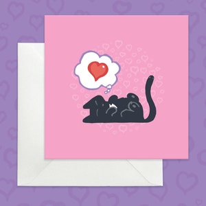 Carte de voeux rêveuse de chat noir, carte de voeux d'amour, carte romantique pour petite amie, carte d'anniversaire douce pour amoureux des chats, carte pour mari