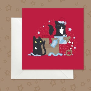 Carte de Noël chats noirs et cadeaux, carte de vœux rouge vif avec des chats, carte de Noël chats et cadeaux amusants, carte de vœux drôle chats