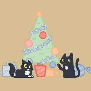 May include: Two black cats with white markings sit near a green Christmas tree decorated with white snowflakes and colourful ornaments. One cat is looking at the tree, while the other is looking at a blue bauble.