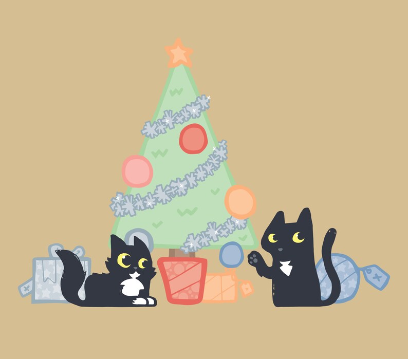 May include: Two black cats with white markings sit near a green Christmas tree decorated with white snowflakes and colourful ornaments. One cat is looking at the tree, while the other is looking at a blue bauble.