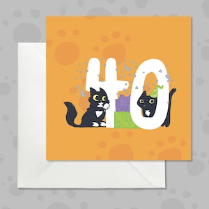 Carte de 40e anniversaire avec des chats noirs espiègles, carte d'anniversaire de quarante pour amoureux des chats, carte de 40e anniversaire drôle avec un chat noir effronté et un chat smoking