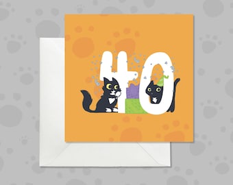 Playful Black Cats 40th Birthday Card, Orange Design