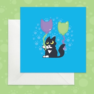 Carte d'anniversaire avec chat smoking, carte d'anniversaire bleu vif pour mari, carte d'anniversaire douce pour lui, carte de voeux chat noir, carte pour mari