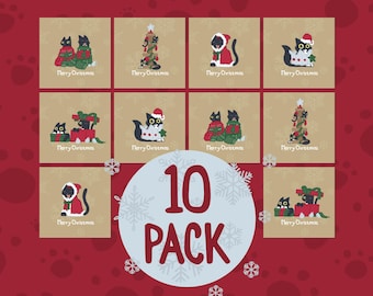 Cat Christmas Cards, Festive Holiday Designs, 10 Pack