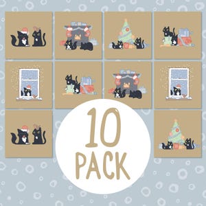 10 schwarze Katzen-Weihnachtskarten, Gold-Weihnachtskartenpack, Zehn lustige Katzen-Weihnachtskarten, Weihnachtskarten-Multipack, Katzenweihnachtskarten-Set
