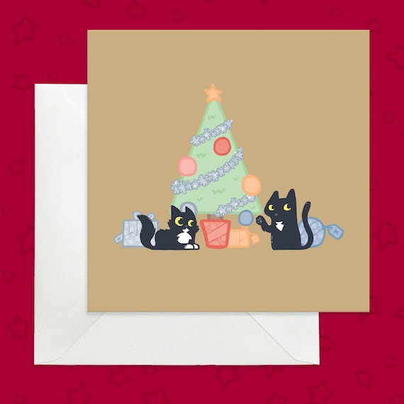 Black Cats Christmas Tree Card, Gold Holiday Presents Design