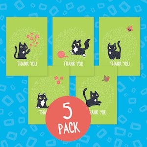 May include: Set of five green thank you cards featuring black cats with different activities. The cards have a white border and a white "Thank You" message. The cards are part of a 5 pack.