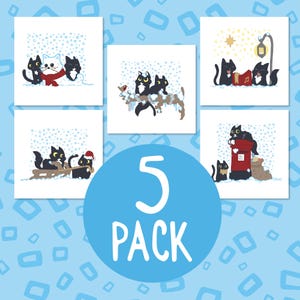 5 cartes de Noël amusantes avec un chat noir, cinq cartes de vœux avec des chats noirs, lot de cinq cartes de Noël représentant des scènes de neige, lot de 5 cartes de Noël amusantes