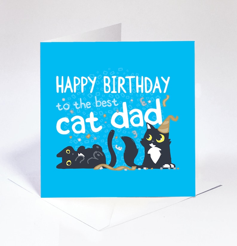 Carte d'anniversaire de papa de chat, carte de joyeux anniversaire pour catdad, carte d'anniversaire bleue lumineuse pour le papa de chat, carte bleue lumineuse pour des papas de chat, image 2