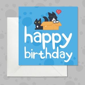 Happy birthday blue card for cat lover, Black cat and tuxedo cat birthday card, Funny card with playful cats, Card for cat lover on birthday