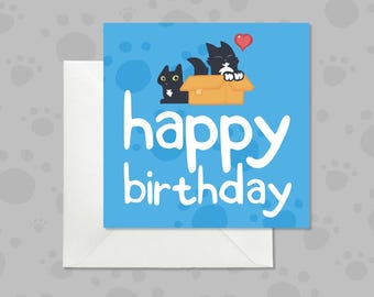 Cat Birthday Card, Funny Cats, Blue Pawprints