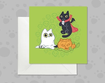 Funny black cats Halloween card, Quirky Halloween card with cat pun, Playful black cats and pumpkin Halloween greeting card for cat lovers