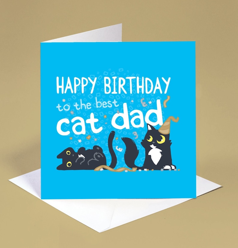 Carte d'anniversaire de papa de chat, carte de joyeux anniversaire pour catdad, carte d'anniversaire bleue lumineuse pour le papa de chat, carte bleue lumineuse pour des papas de chat, image 1