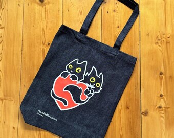 Black Cat Denim Tote, Fairtrade Shopping Bag, Gift for Cat Lover