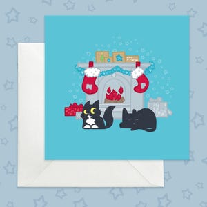 Carte de Noël chats et cheminée, douce carte de vœux festive, jolie scène de Noël chat noir et chat smoking, carte de vœux sur le thème des chats
