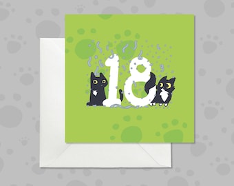 18th Birthday Card, Black Cat Tuxedo Cat Greeting Card, Fun Card for Cat Lover,  Green Design