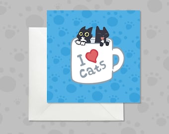 Funny Black Cats Coffee Cup Greeting Card, For Cat Lovers