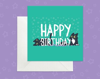 Black Cat Birthday Card, Emerald Green, Cat Lover