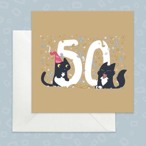 Carte d'anniversaire pour les 50 ans, chat doré pour les 50 ans, carte d'anniversaire pour les 50 ans sur le thème des chats, carte de chat noir pour les 50 ans,