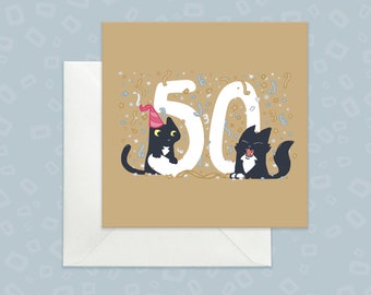 50th Birthday Card, Gold Cat Lovers Card, Black Cats, Confetti Design