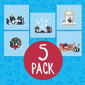 5 cartes de Noël chat noir, lot de cartes de Noël chats noirs et scène de neige, joli lot de cartes de vacances chat noir, 5 cartes scène d'hiver