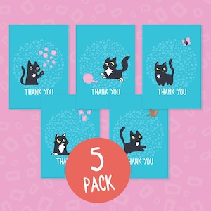 May include: A pack of five greeting cards with a teal background. Each card features a black cat illustration with yellow eyes, surrounded by a dotted circle. The words "THANK YOU" are printed on each card. A red circle with the words "5 PACK" is in the center.