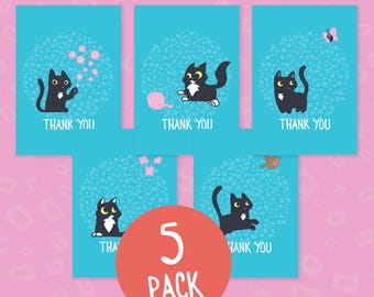 Cat Thank You Cards, Blue Greeting Cards, Set of 5