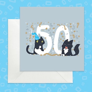 50e carte d'anniversaire de chat, carte de chat en argent pour 50e anniversaire, carte d'anniversaire en argent pour 50 ans, carte de chat noir pour 50 ans