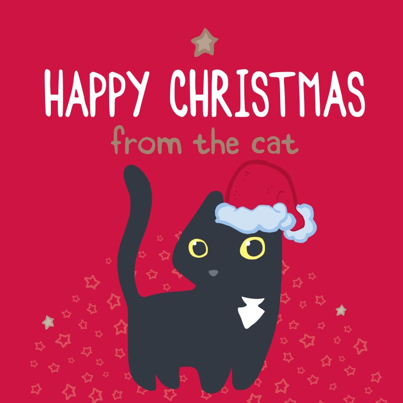 Op de afbeelding: Een rode grafische illustratie met een zwarte kat die een rood-witte kerstmuts draagt. De tekst luidt HAPPY CHRISTMAS from the cat in witte en bruine letters. De achtergrond is versierd met kleine omlijnde sterren in lichtrood.