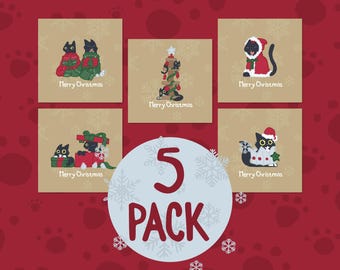 Cat Christmas Cards, 5-Pack Holiday Card Set, Gold Design
