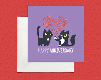 Carte d'anniversaire de chat noir, carte d'anniversaire violette avec des chats, coeurs et carte d'anniversaire de chat mignon, carte d'anniversaire de mariage pour femme