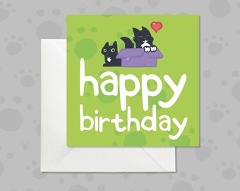 Black Cats Birthday Card, Bright Green Card for Cat Lover