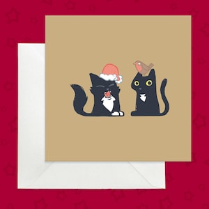 Carte de Noël de chat en bonnet de Noel, carte de vacances drôle de chats noirs, carte de fête de chat et de rouge-gorge, carte de vacances d'or avec le chat noir et le chat de smoking