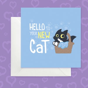 Jolie nouvelle carte chat, bienvenue sur votre nouvelle carte chat, félicitations pour votre nouvelle carte chat, douce nouvelle carte chat bleu pâle, bonjour sur votre nouvelle carte chat