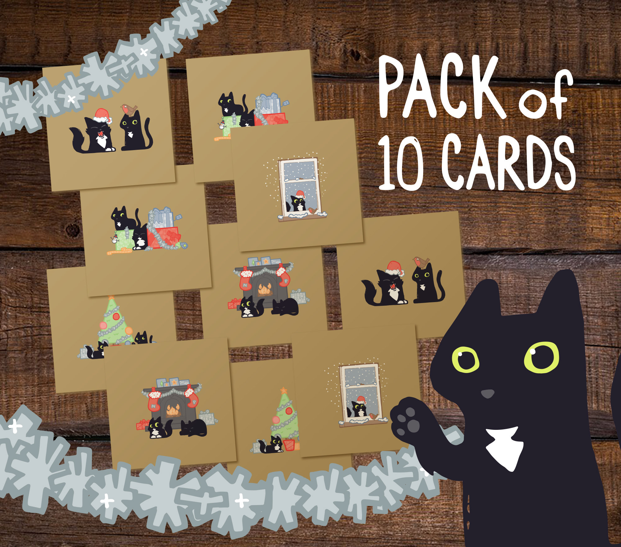 10 Black Cat Christmas Cards Gold Holiday Cat Card Pack Ten | Etsy