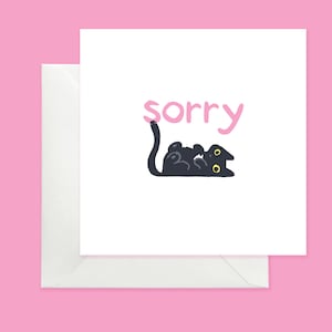 Carte de voeux désolée avec un chat noir, rose Carte désolée de chat noir, toutes les occasions Carte désolée, je suis désolée carte sur le thème du chat