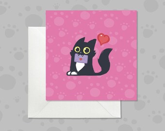 Cat Lover Love Card, Tuxedo Cat Valentine, Pink Paw Print Design