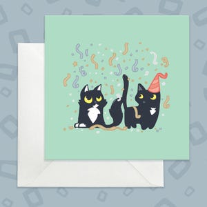 Carte d'anniversaire chat noir pour amoureux des chats, carte d'anniversaire mignonne avec des chats noirs, carte de chats fêtards et de confettis, carte drôle de chats noir et blanc