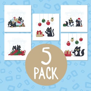 5 cartes de Noël drôles de chat noir, lot de 5 cartes de Noël de chat noir, jeu de cartes de chat de vacances douces, cartes de Noël pour les amoureux des chats