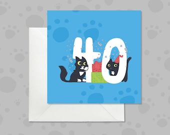 Blue 40th Birthday Card, Playful Black Cats