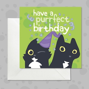Carte d'anniversaire drôle de chats noirs, carte d'anniversaire vert vif pour les amoureux des chats, carte de voeux espiègle de chats noirs, carte pour les amoureux des chats