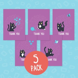 May include: Set of five thank you cards featuring a black cat with white markings on a purple background with a white polka dot pattern. Each card has a different illustration of the cat with a different activity, such as blowing bubbles, playing with yarn, or chasing a butterfly. The text "Thank You" is printed on each card.