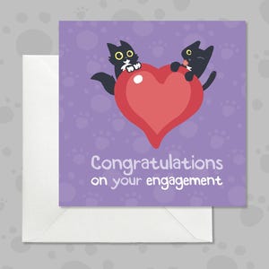 Carte de fiançailles avec des chats noirs et un grand coeur d'amour rouge, Félicitations amusantes pour votre carte de fiançailles, Carte humoristique pour couple de fiancés
