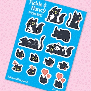 May include: A sticker sheet featuring black and white cats in various poses, including sleeping, playing, and sitting. The sheet is blue with the text "Pickle & Nancy Sticker Sheet" at the top. The text "PickleAndNancy.co.uk" is at the bottom left corner and "© tom read" is at the bottom right corner.