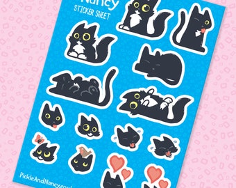 Cute Black Cat Sticker Sheet, A6 Journal Stickers