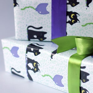 4 sheets of black cat wrapping paper, Cute gift wrap for cat lovers, Four sheets of purple gift wrap, Cats and balloon wrapping paper