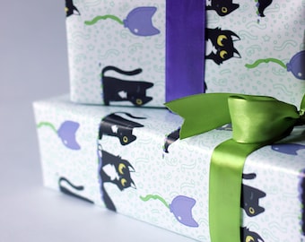 4 sheets of black cat wrapping paper, Cute gift wrap for cat lovers, Four sheets of purple gift wrap, Cats and balloon wrapping paper