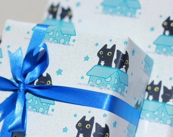 2 Black Cat Wrapping Paper, Gift Box Design, Two Sheet Pack, Blue Box Pattern